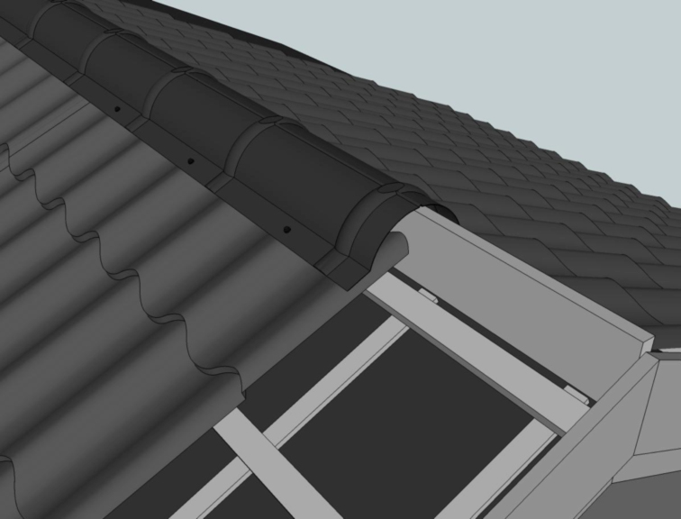 Illustrasjon av montert mønekam over takpanner